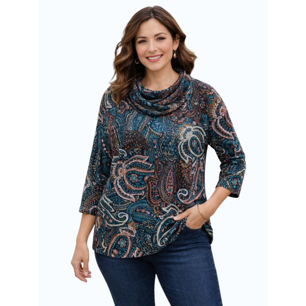 Ruby Rd Teal Appeal Top Medium NWT Paisley Cowl Neck 3/4 Sleeve Blouse